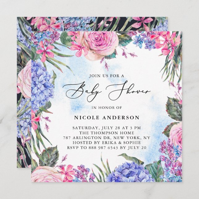 Watercolor Roses and Hydrangeas Baby Shower Invitation (Front/Back)