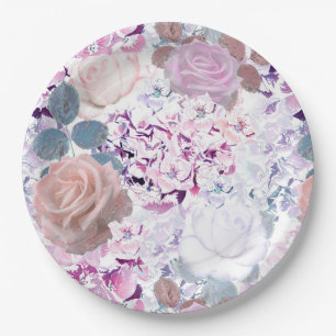 Watercolor roses and hydrangeas.  paper plate
