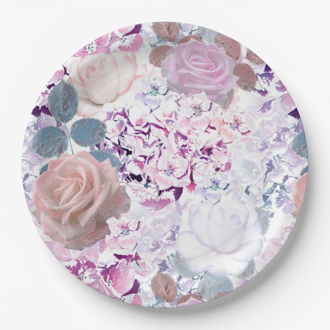 Watercolor roses and hydrangeas.  paper plate (Front)
