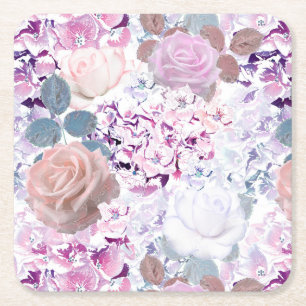 Watercolor roses and hydrangeas. square paper coaster