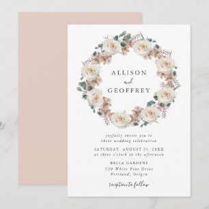 Watercolor Roses and Orchids Floral Wreath Wedding Invitation