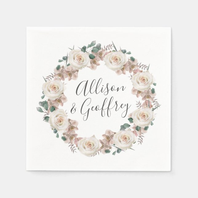 Watercolor Roses and Orchids Personalized Wedding Napkin (Front)
