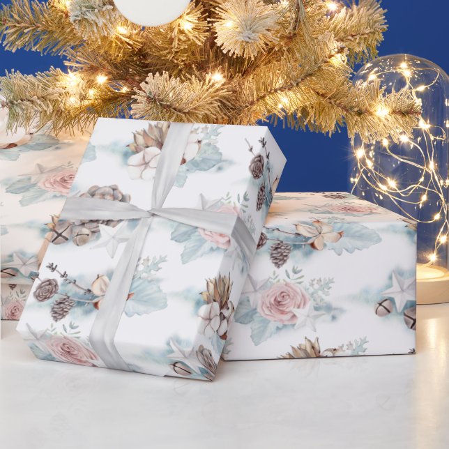 Watercolor Roses and Pine Cones Pattern  Wrapping Paper (Holidays)