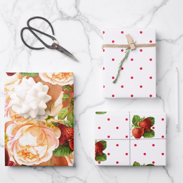 Watercolor Roses and Strawberries Wrapping Paper Sheet (Front)