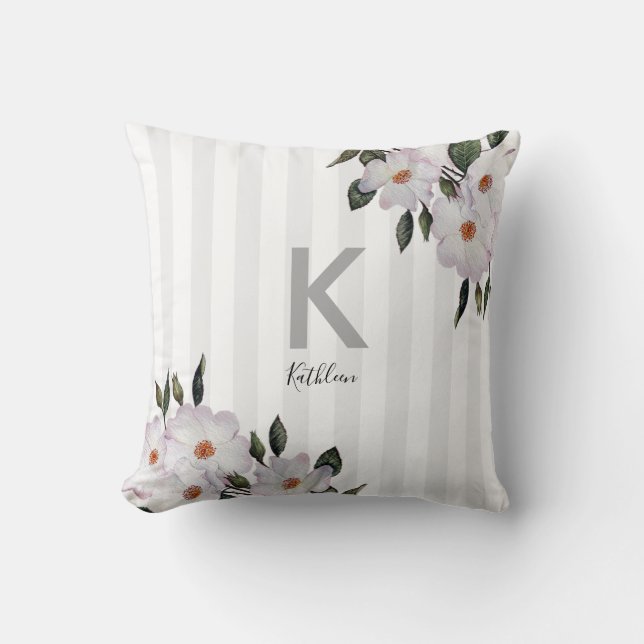 Watercolor Roses Ballerina Floral Art Monogram Throw Pillow (Front)