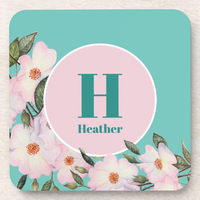 Watercolor Roses Ballerina Floral Monogram Circle Coaster (Front)