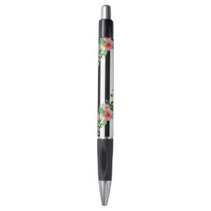Watercolor Roses Black and White Stripe PenYou'll Pen