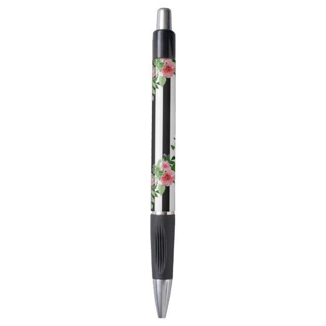 Watercolor Roses Black and White Stripe PenYou'll Pen (Front Vertical)