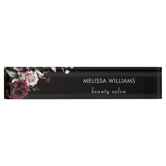 Watercolor Roses Black Background Nameplate (Front)