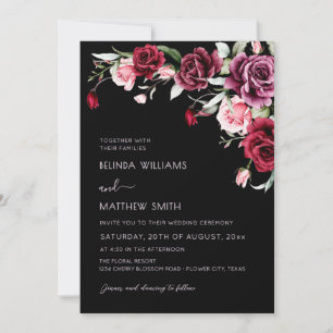 Watercolor Roses Black Background Photo Wedding Invitation