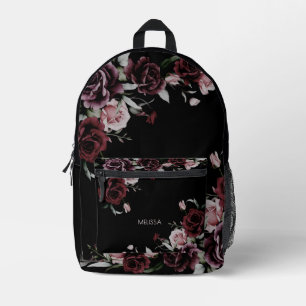 Watercolor Roses Black Background Printed Backpack