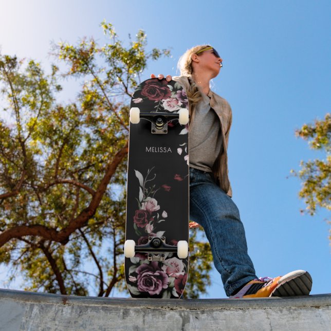 Watercolor Roses Black Background Skateboard (Outdoor 1)