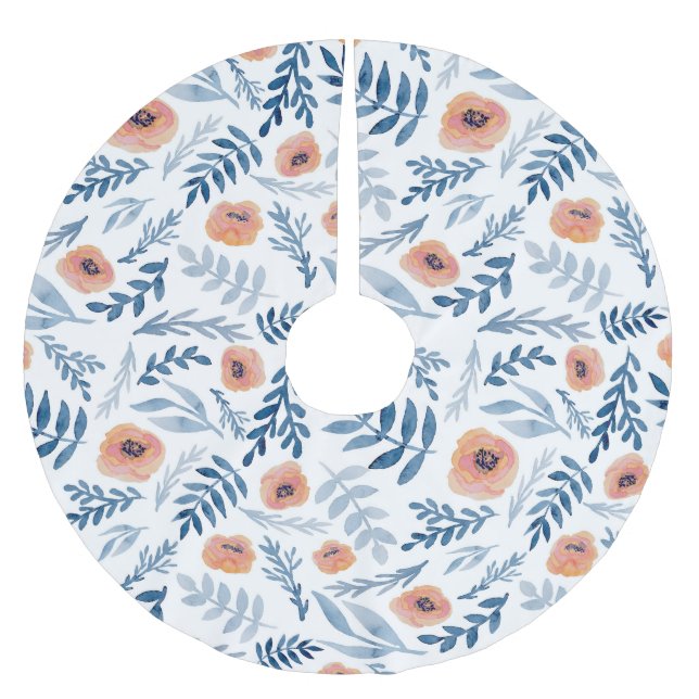 Watercolor Roses: Blue Leaves Seamless Brushed Polyester Tree Skirt (Front)