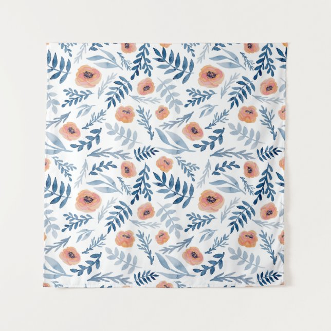 Watercolor Roses: Blue Leaves Seamless Tapestry (Front)