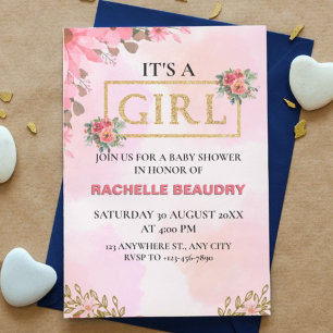 Watercolor Roses Blush Pink It's Girl Baby Shower Invitation