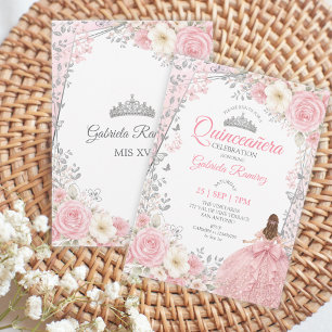 Watercolor Roses Blush Pink Silver Quinceañera  Invitation