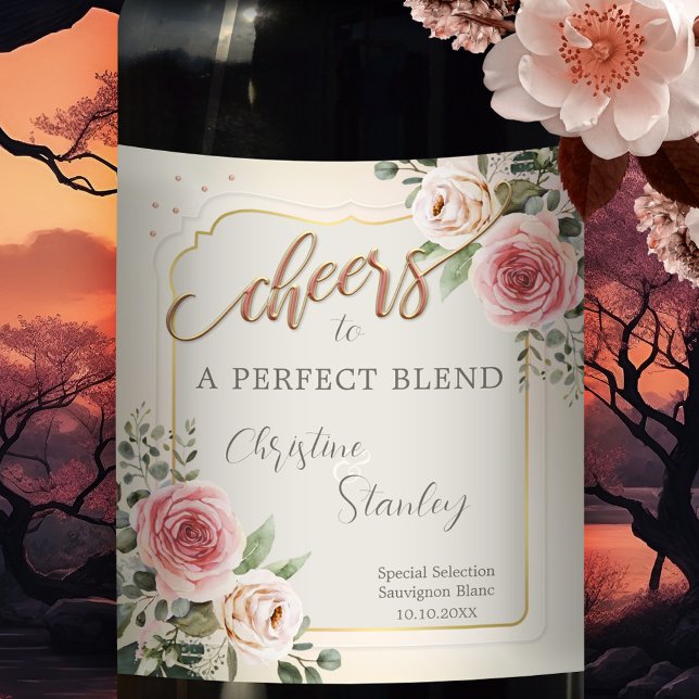 Watercolor Roses Cheers Wedding Wine Label (Wedding wine label featuring watercolor blush pink roses on a romantic pastel colored background)