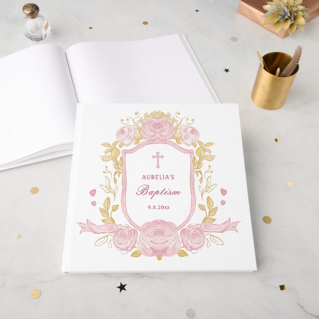 Watercolor Roses Crest Baptism Guest Book (Front Open)
