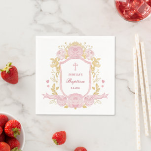 Watercolor Roses Crest Baptism Napkin
