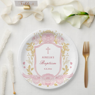 Watercolor Roses Crest Baptism Paper Plate