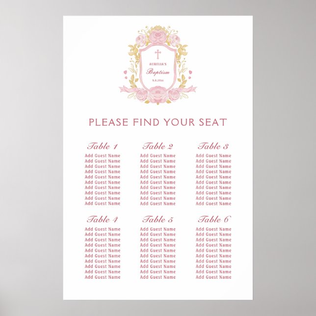 Watercolor Roses Crest Baptism Seating Chart (Front)