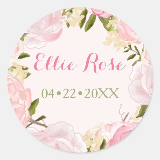 Watercolor Roses Custom Pink Birth Announcement Classic Round Sticker (Front)