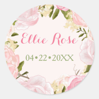 Watercolor Roses Custom Pink Birth Announcement Classic Round Sticker