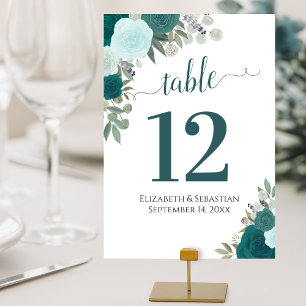 Watercolor Roses Elegant Teal Turquoise Wedding Table Number
