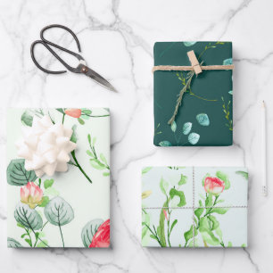 Watercolor Roses, Eucalyptus and Foliage Assorted Wrapping Paper Sheet