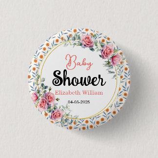 Watercolor Roses & Eucalyptus Baby Shower 1 Inch Round Button