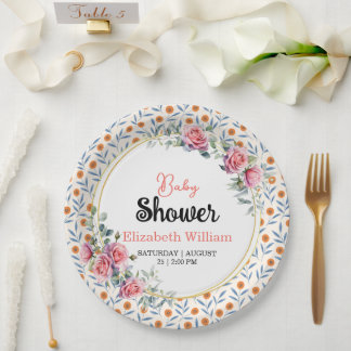Watercolor Roses & Eucalyptus Baby Shower Paper Plate