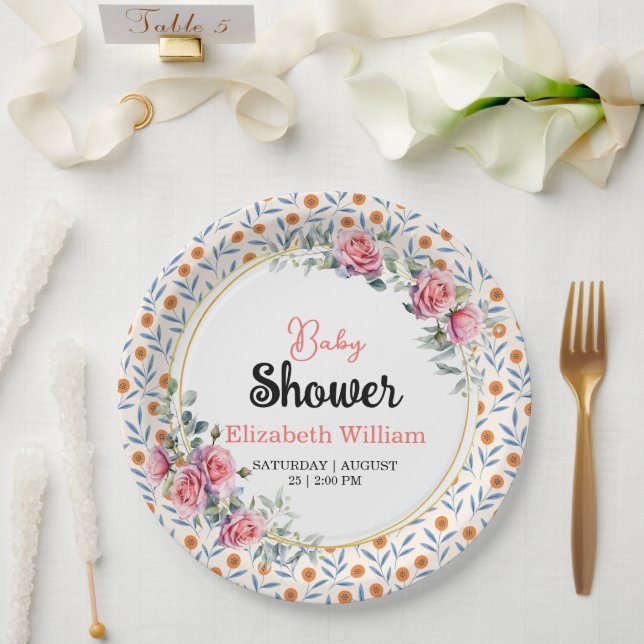 Watercolor Roses & Eucalyptus Baby Shower Paper Plate (Wedding)