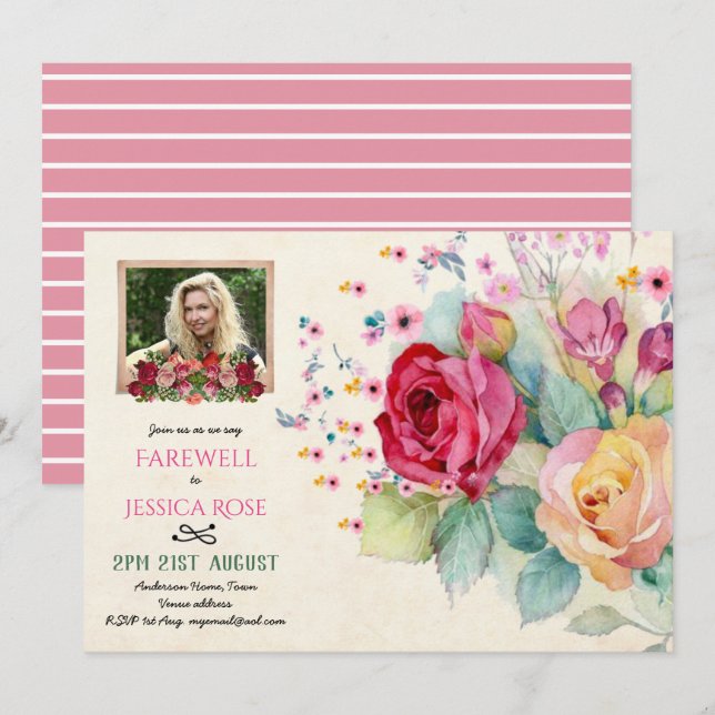 Watercolor Roses FAREWELL PHOTO Invitation Pink (Front/Back)