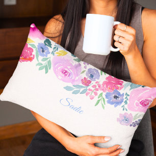 Watercolor Roses Floral Arrangement Personalize Lumbar Pillow