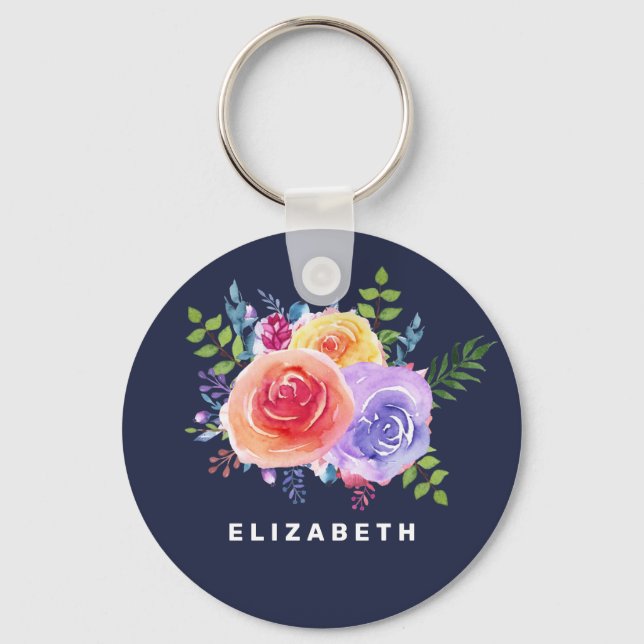 Watercolor Roses Floral Bouquet Keychain (Front)