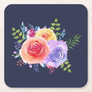 Watercolor Roses Floral Bouquet Square Paper Coaster