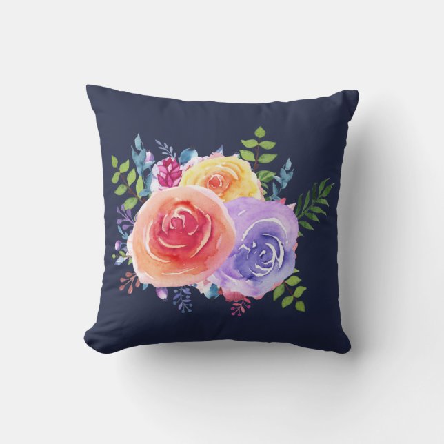 Watercolor Roses Floral Bouquet Throw Pillow (Front)