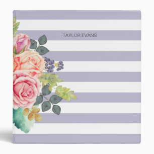 Watercolor Roses Floral Lavender Stripe Pattern Binder