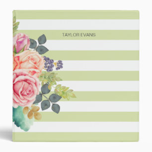 Watercolor Roses Floral Lime Green Stripe Pattern Binder