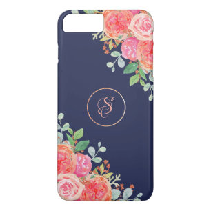 Watercolor Roses Floral Navy Glitter Monogram Case-Mate iPhone Case