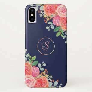 Watercolor Roses Floral Navy Glitter Monogram Case-Mate iPhone Case