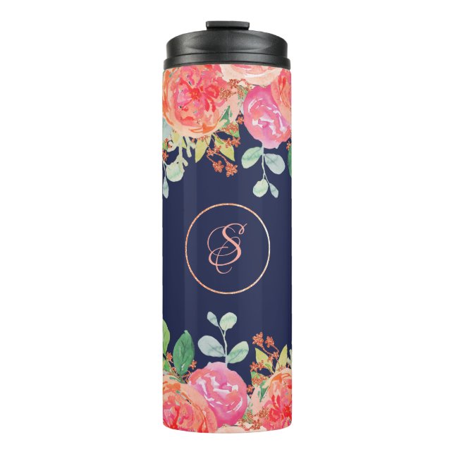Watercolor Roses Floral Navy Glitter Monogram Thermal Tumbler (Front)