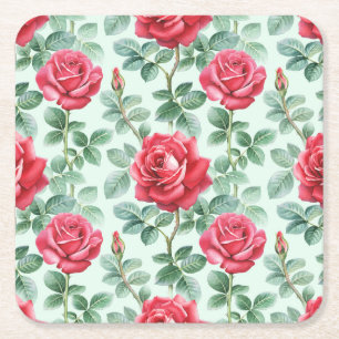 Watercolor Roses: Floral Seamless Illustration. Square Paper Coaster