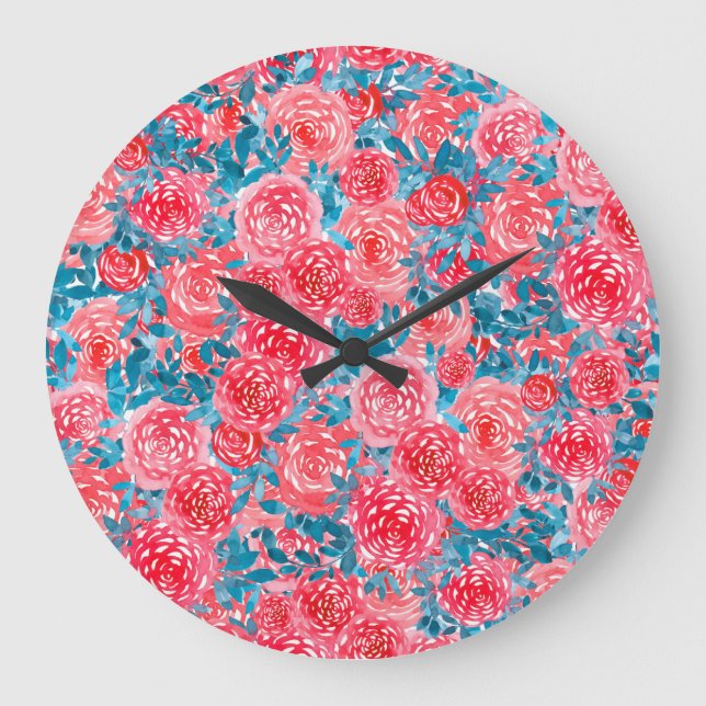 Watercolor Roses Floral Tapestry Large Clock (Front)
