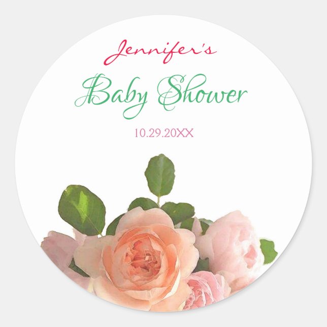 Watercolor Roses Flowers Handwritten Baby Shower Classic Round Sticker (Front)