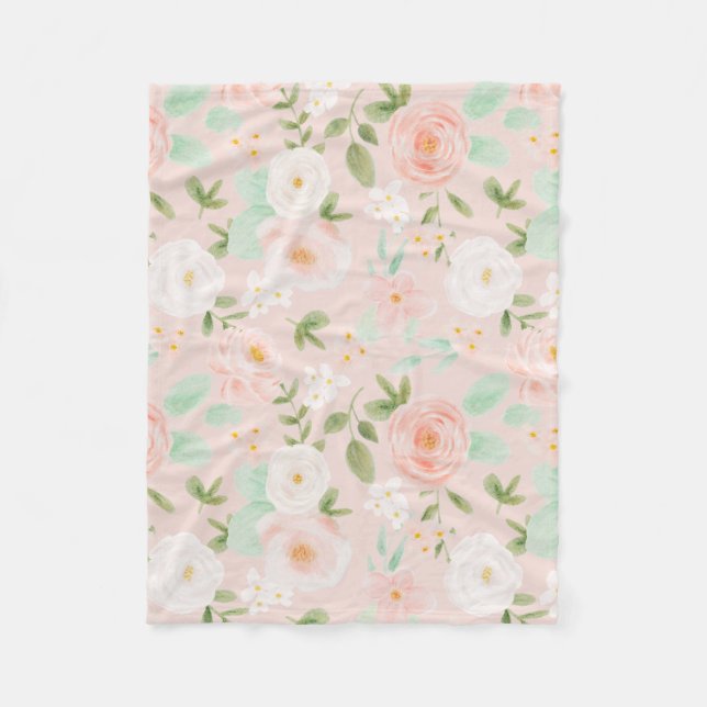 Watercolor Roses Flowers in Pink and Peach Fleece Blanket (Front)