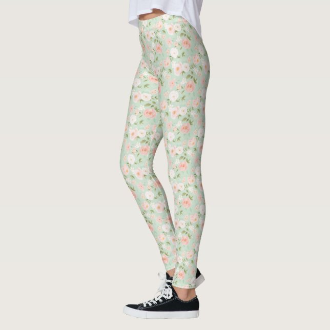 Watercolor Roses Flowers in Pink and Peach Leggings (Left)