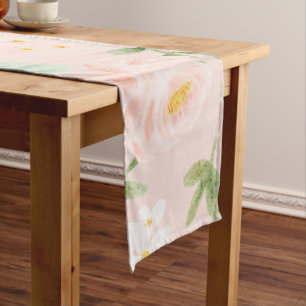 Watercolor Roses Flowers in Pink and Peach Long Table Runner