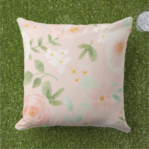 Watercolor Roses Flowers in Pink and Peach Outdoor Pillow