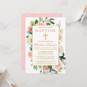 Watercolor Roses Flowers Pink Gold Baptism Invitation